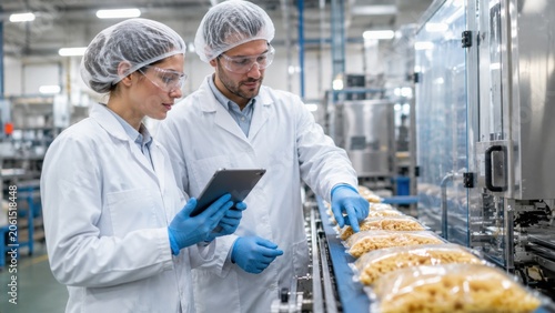Food Quality Control Specialists Inspecting Packaged Pasta on Production Line