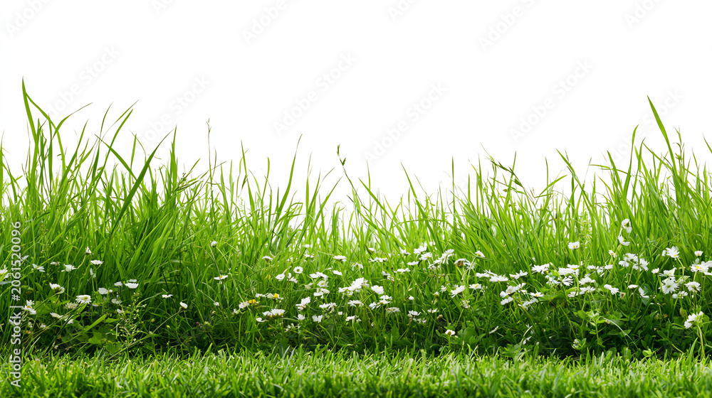 Fototapeta premium Vibrant green grass with white wildflowers against a clean, bright backdrop for a fresh, natural feel.