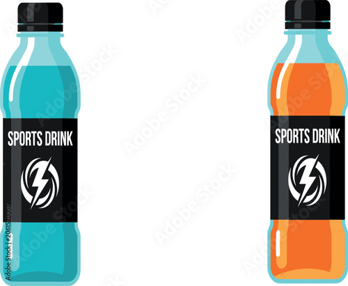 Sports Drink Plastic Bottles Vector Icon Set with Blue and Orange Electrolyte Isotonic Energy Liquids Isolated on White Background