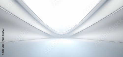 Futuristic minimalist interior featuring curved architecture, smooth flooring, luminous ceiling and white surfaces. Modern abstract space with clean lines and copy space. Ideal for background.