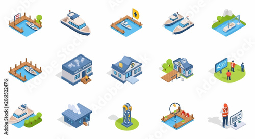 Foto Collection of isometric icons representing various elements of a city, including boats, buildings, and recreational areas