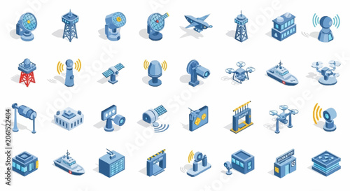 Collection of isometric icons representing various modern technology and communication devices.
