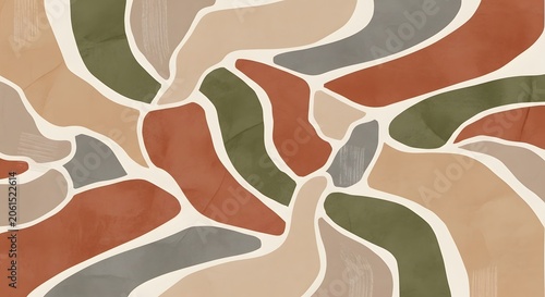 Modern Artistic Composition Featuring Terracotta Olive Beige Taupe and Gray Shapes with Fluid Form and Color Harmony