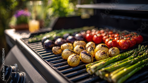 modern grill, grilling vegetables, garden in the background, clean composition.