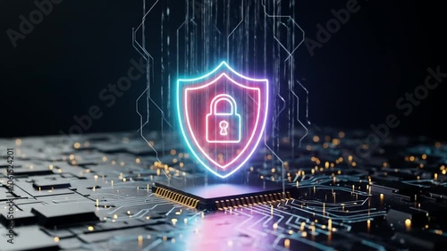 Vibrant Neon Cyber Security Shield Protecting Digital Data on Circuit Board.