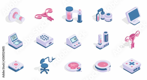 Photos Set of Isometric Medical and Scientific Equipment Icons for Healthcare and Research