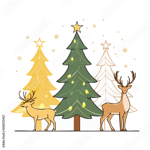 Christmas trees and deer with festive decorations