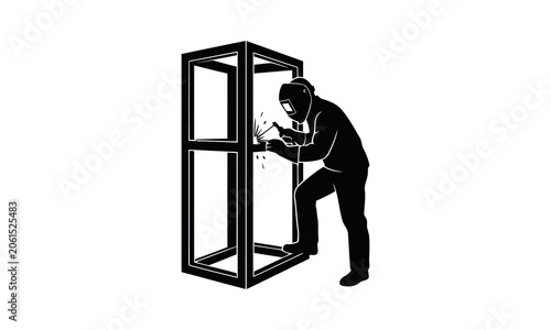 Bilde på lerret Welder silhouette working on metal frame construction industrial craftsmanship i