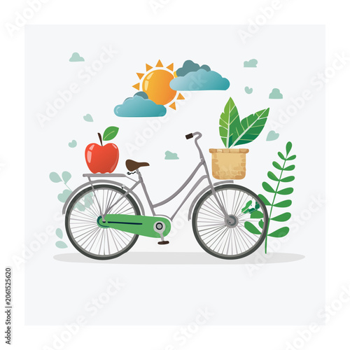 Flat design bicycle with apple and plant illustration