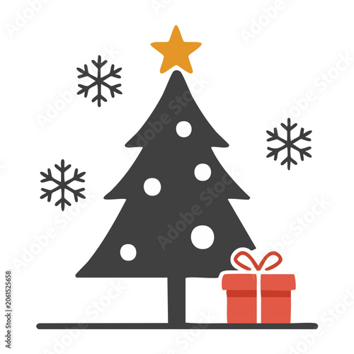 Flat design Christmas tree icon with gift and snowflakes