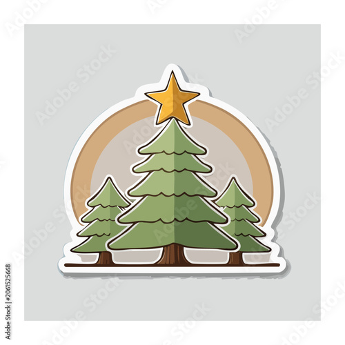 Flat Design Christmas Tree with Star and Sunset Background