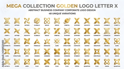 Mega collection golden logo letter X with 48 unique variations and sample business names, 3D geometric metallic monograms tailored for corporate, digital, capital, creative and global brands seeking a