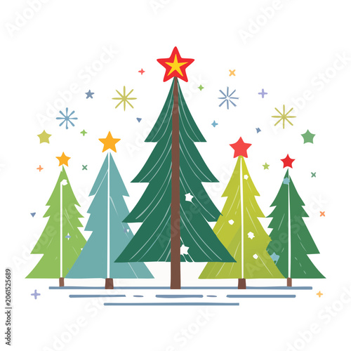 Flat design Christmas trees with stars and snowflakes