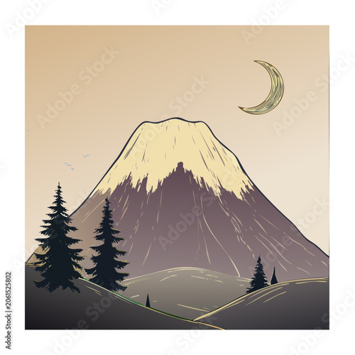 Flat design mountain landscape with pine trees and crescent moon