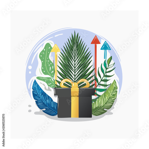 Gift box with tropical leaves and arrows in flat design
