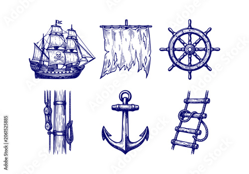 Foto Vintage Pirate Vector Illustration Hand Drawn Nautical Elements Ship Skull Ancho