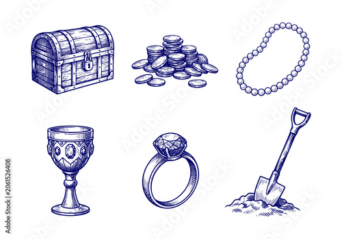 Fotografie Vintage Pirate Vector Illustration Hand Drawn Nautical Elements Ship Skull Ancho