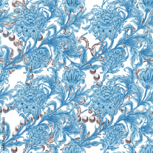 Blue Floral Vintage Pattern With Pearls