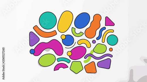 A colorful abstract composition featuring various irregular shapes
