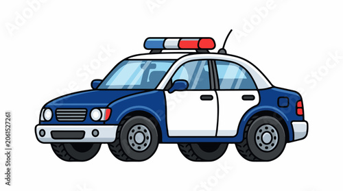 A cartoon-style police car with blue and white body and red, blue lights on top