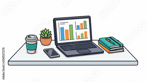 A cartoon-style illustration of a laptop on a desk with coffee cup, plant, phone and books