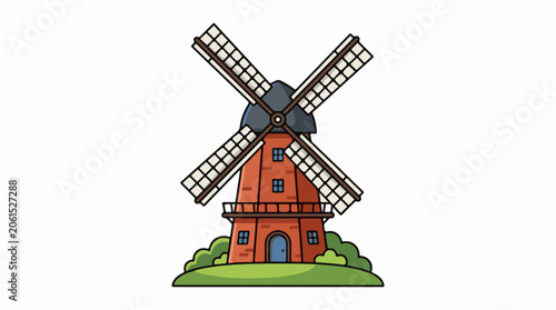 A cartoon-style illustration of a red brick windmill with a gray roof and white blades on a green hill