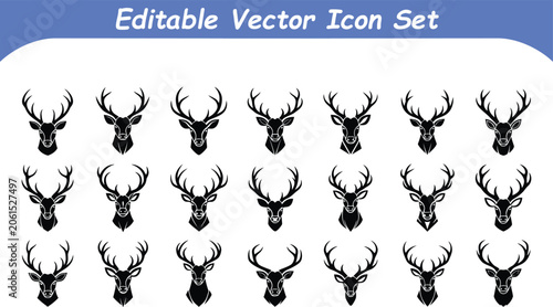 Collection of detailed deer head silhouette icons for hunting and nature design with wildlife