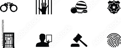 Fotografie Law enforcement and prison justice silhouettes vector set with handcuffs jail ba