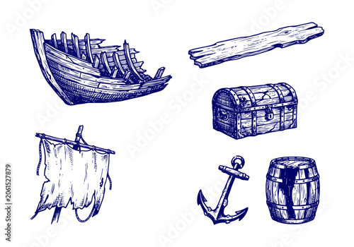 Schilderij op canvas Vintage Pirate Vector Illustration Hand Drawn Nautical Elements Ship Skull Ancho