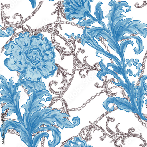 Blue Floral Baroque Seamless Pattern with Silver Chains