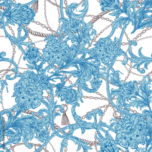 Blue Floral Baroque Pattern with Rope Detail