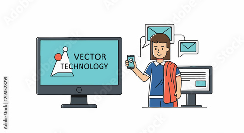 A cartoon woman with a phone and two computer monitors