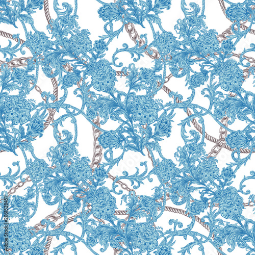Blue Baroque Jacobean Vintage Floral and Rope Pattern