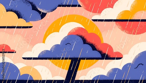 Abstract Rainy Season Landscape Illustration, Color Block Weather Background, Contemporary Vector Artwork, Bright Editorial Design