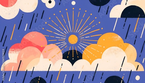 Abstract Rainy Season Landscape Illustration, Color Block Weather Background, Contemporary Vector Artwork, Bright Editorial Design