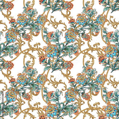 Vintage Floral Seamless Pattern with Gold Scrollwork