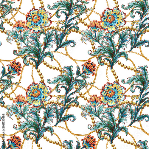 aroque Floral Repeat Pattern with Gold Chains and Pearls