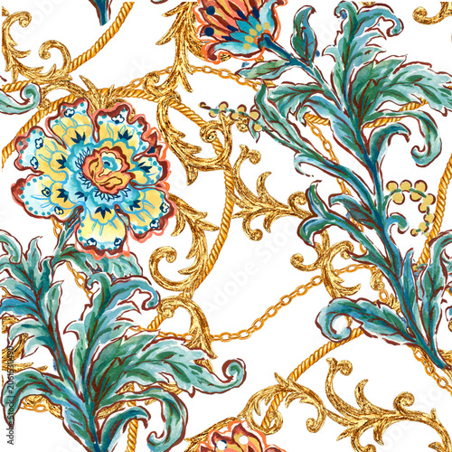 Baroque Floral Pattern with Gold Chains and Rope Scroll