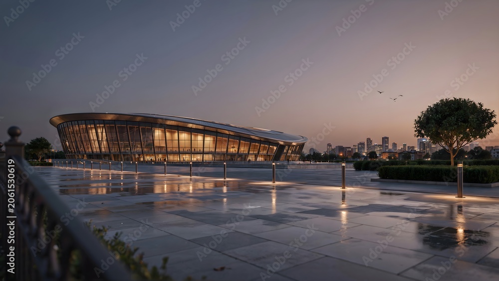 Obraz premium Modern Theater Building with Glass Facade and Waterfront Promenade at Dusk