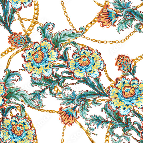 Floral Botanical Seamless Pattern With Gold Chains and Rope
