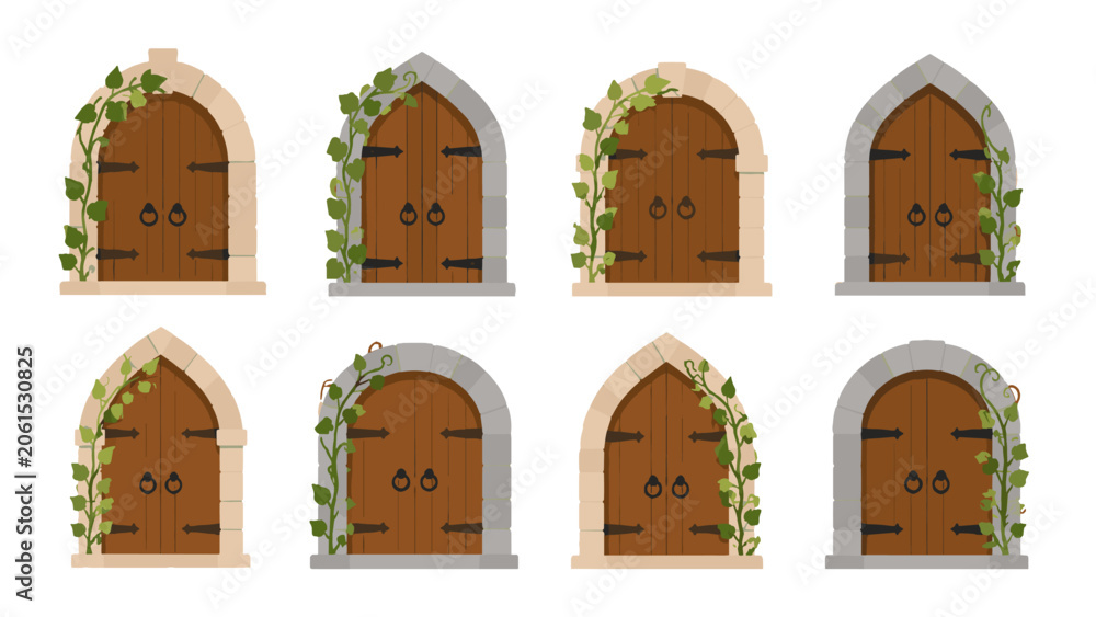 Naklejka premium Set of arched wooden doors with stone frames and climbing vines