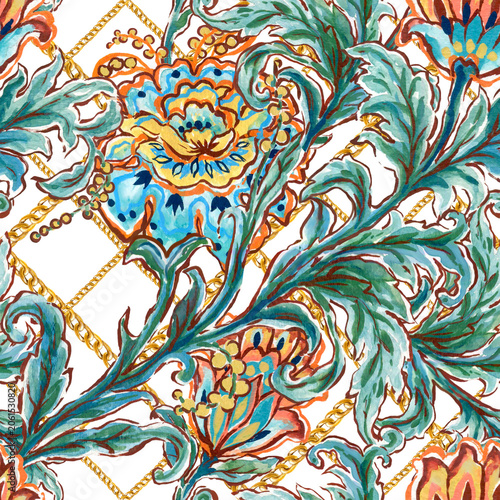 Watercolor Floral Pattern with Gold Accents