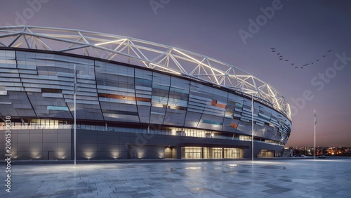 Modern Sports Stadium Exterior View at Twilight with Stadium Lights