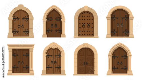 Set of medieval wooden doors with stone arch frames