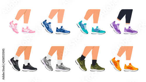 Cuadro en lienzo Set of running legs in colorful sneakers isolated on white
