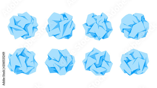 Tablou pe pânză Set of blue crumpled paper balls isolated on white background