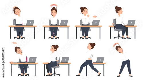 Fotografie Businesswoman doing stretching exercises at office desk set