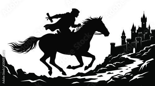 Φωτογραφία Black and white vector illustration of a medieval royal messenger riding a galloping horse towards a grand stone castle holding a scroll while traveling across the rugged landscape at dawn