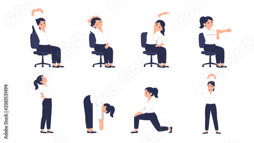 Foto Woman demonstrating office stretching and exercise poses set