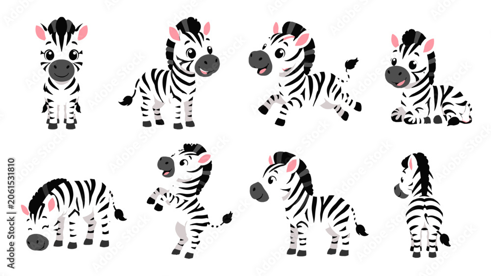 Fototapeta premium Cute cartoon zebra character set in different poses